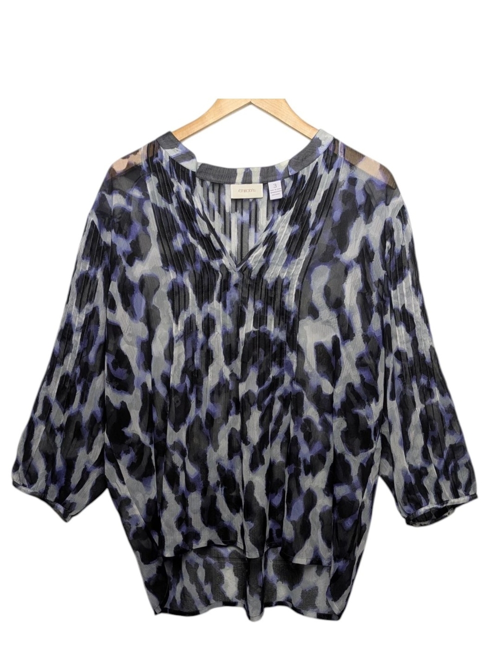 Chicos 3 Animal Print Blouse XL Sheer Purple Black Multi Pintuck Details Sheer